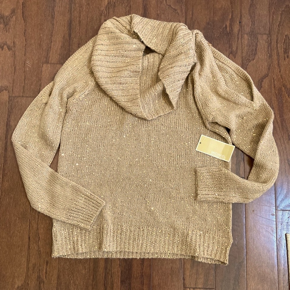 MICHAEL KORS NWT Champagne Sequined Cold Shoulder Cowl Neck Sweater Size Small